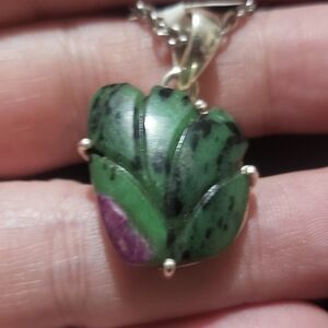 Ruby Zoisite Carved Natural Stone Pendant Necklace ~ 925 Sterling Silver